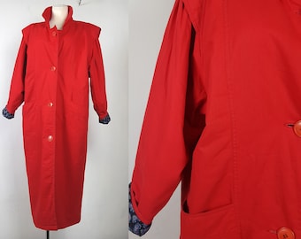 Vintage 80's Padded Winter Coat Longcoat Puffer Oversize Red Huge Shoulders Cotton EU36/38