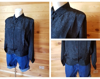 Vintage 80's Blouse Shirt Oversize Black Glossy Stand collar Pleated shoulders UK12/14 EU38/40