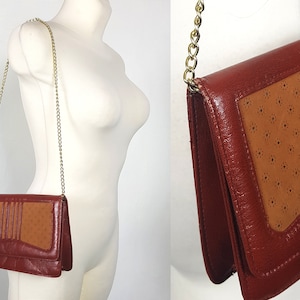 Vintage 70&#39;s Evening Bag Purse Shoulder Clutch Gold Chain Leather Orange Brown