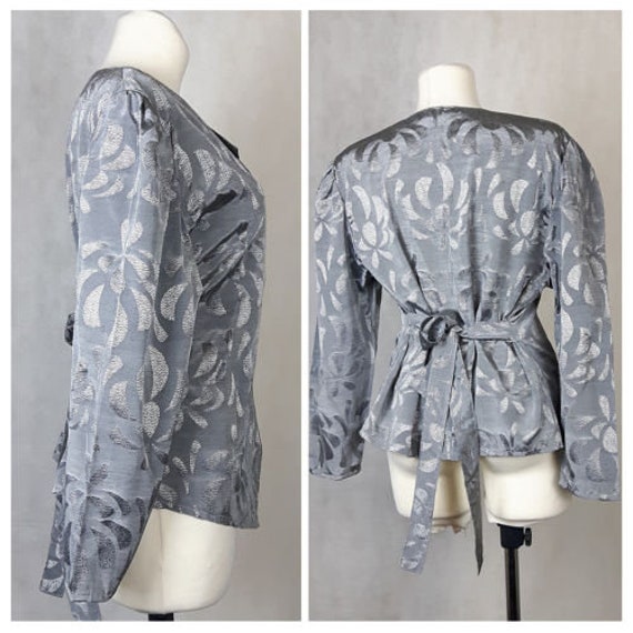 Vintage 80's Blouse Grey Silver Belted Party Even… - image 2