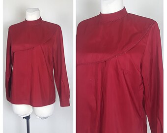 Vintage 80&#39;s Blouse Berry Red Stand Collar Buttons Back Long Sleeves UK14/16 EU40/42