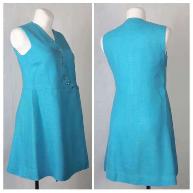Vintage 60/'s Dress Mini TeaAqua Sleeveless Wrap Bright Mod Gogo UK12 EU38
