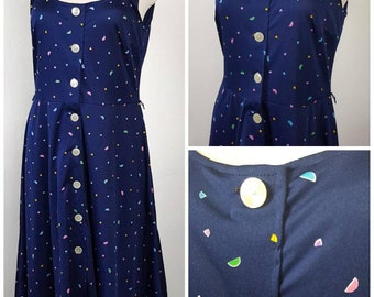 Vintage 70's Dress Summer Sundress Pinafore Blue Hieronder Knie Fit en Flare Buttoned Up UK12/14 EU38/40
