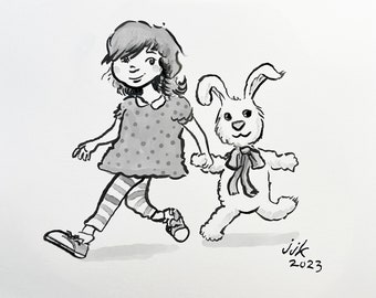 Your Kid with their Beloved Stuffie whimsically drawn by Jarrett J. Krosoczka! B&W