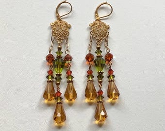 Chandelier Earrings with Topaz, Light Olivine and Indian Red Czech Glass and Swarovski Crystal Beads