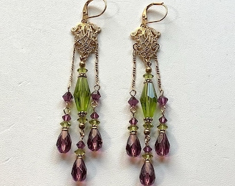 Chandelier Earrings with Amethyst and Pale Green Czech Glass Elements on  Gold Plated Filigree Base