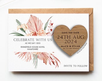 Save the Date Magnet, Wooden Save the Date Magnet, Personalised Save the Date, Boho Save The Date, Pampus Grass Save the Date, Heart01