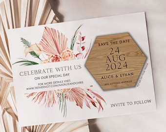 Save the Date Magnet, Wooden Save the Date Magnet, Personalised Save the Date, Boho Save The Date, Pampus Grass Save the Date, Hexagon01