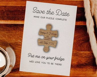 Personalized Wooden Puzzle Save the Date Magnet with Cards