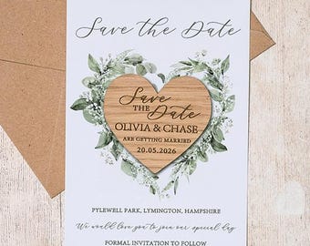 Eucalyptus Save the Date Magnet: Wooden Heart, Botanical Wedding