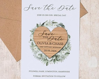 Eucalyptus Wooden Heart Save the Date Magnet: Botanical Wedding