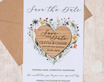 Wildflower Wedding Save the Date: Engraved Wooden Heart Magnet