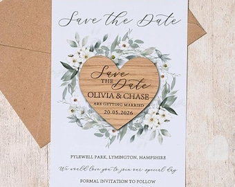 Greenery Wreath Wooden Heart Save the Date Magnet: Botanical Wedding