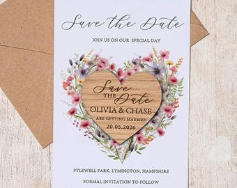 Wildflower Wooden Heart Save the Date Magnet: Rustic Wedding Invitation