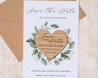 Eucalyptus Save the Date Magnet: Wooden Heart, Botanical Wedding