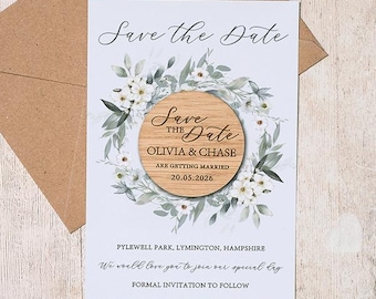 Greenery Wreath Wooden Save the Date Magnet: Botanical Wedding