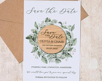 Eucalyptus Wedding Save the Date Magnet: Botanical Greenery, Wooden Heart