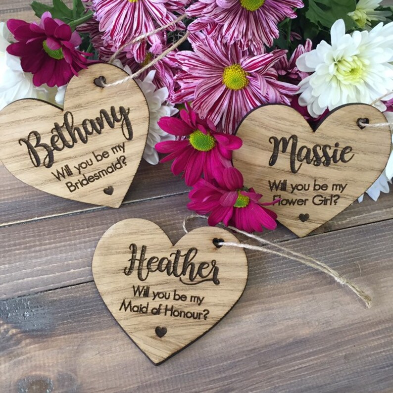 Willst du meine Brautjungfer, Trauzeugin, Blumenmädchen sein Herz aus Holz Bild 6