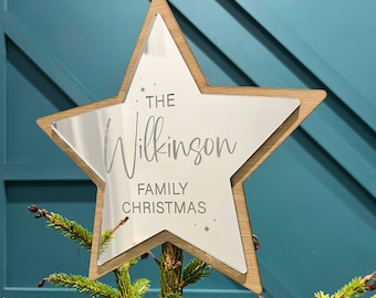 Personalised Star Christmas Tree Topper: Engraved Oak & Acrylic