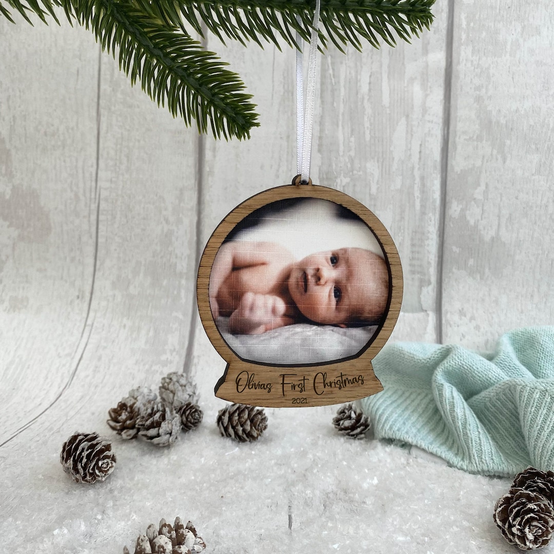 Personalized Baby's First Christmas Photo Bauble: Oak Polaroid Frame - Etsy