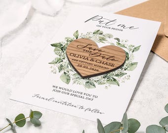 Eucalyptus Wedding Save the Date Magnet: Wooden Heart, Botanical Greenery