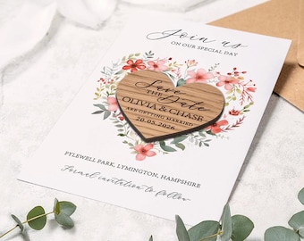 Wooden Heart Save the Date Magnet: Floral Wedding Invitation