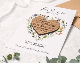 Wildflower Wooden Heart Save the Date Magnet: Rustic Wedding Invitation