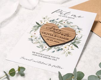 Greenery Wreath Wooden Heart Save the Date Magnet: Botanical Wedding