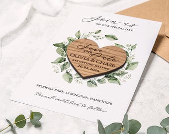 Eucalyptus Save the Date Magnet: Wooden Heart, Botanical Wedding