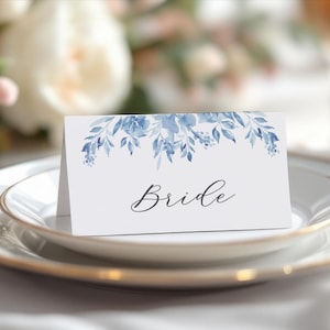 Blue Watercolor Floral Wedding Place Cards: Personalised Name Cards