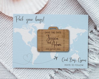 Personalized Suitcase Save the Date Magnet: Abroad Wedding Stationery