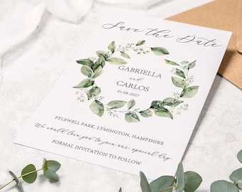 Eukalyptus Save the Date Hochzeitskarte: Grüner Aquarellkranz