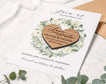 Eucalyptus Save the Date Magnet: Wooden Heart, Botanical Wedding