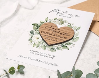 Eucalyptus Wedding Save the Date Magnet: Engraved Wooden Heart