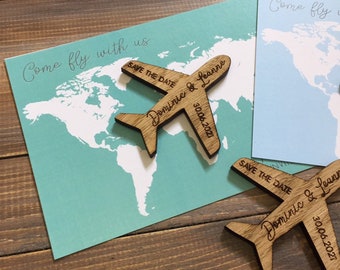 Personalized Plane Save the Date Magnet: Oak Wood Wedding Invite