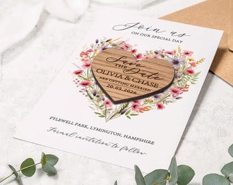 Wildflower Wedding Save the Date Magnet: Rustic Heart, Oak Veneer