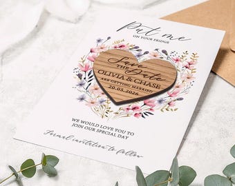 Floral Wooden Heart Save the Date Magnet: Rustic Wedding Invitation