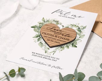 Eucalyptus Save the Date Magnet: Wooden Heart, Botanical Wedding
