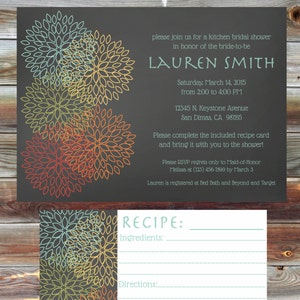 Bridal Shower Invitation with Matching Recipe Card - Floral Theme Kitchen Bridal Shower - Stock the Kitchen Bridal Shower Invite