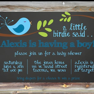 Blue Bird Theme Baby Shower Invitation - Baby Bird Theme Baby Shower - Custom Baby Boy Shower Invitation - Chalkboard Blue Bird Baby Shower