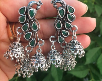 Free shipping!! Oxidized Silver Jhumka- Mirror Jhumka- German Silver Jhumka- Stone stud Jhumka. Peacock Jhumka- Multilayered jhumka.