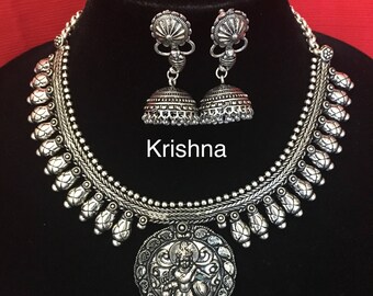 Temple Design German Silver Necklace- Oxidized Silver Necklace- Lakshmi necklace- Coin necklace- Kolhapuri necklace