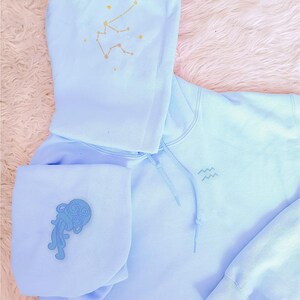 Zodiac Aquarius Astrology Hoodie, cute pastel zodiac hoodie, gifts for couples, gifts for her, handmade embroidered hoodie, Aquarius gift