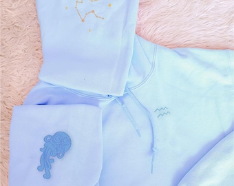 Embroidered Aquarius Hoodie, Pastel Astrology Sweatshirt, Zodiac Gift