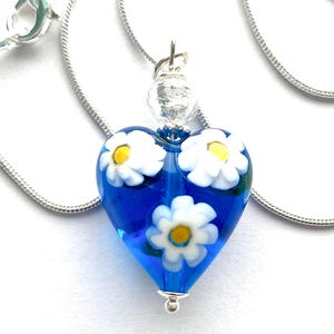 Murano glass blue heart millefiori pendant with silver chain