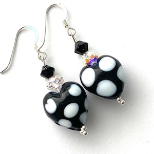 Murano glass earrings with black and white polka dot Murano hearts Swarovski crystal and sterling silver.
