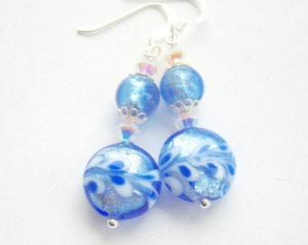 Murano glass earrings with blue Murano glass marble effect lentil beads Swarovski crystal and sterling silver.
