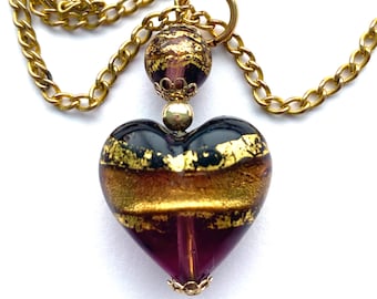 Pendentif Cœur En Verre De Murano Violet - Pièce Unique Artisanale, Sans Emballage