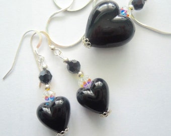 Murano glass pendant and earrings set with black Murano Glass Swarovski heart beads Swarovski crystal and sterling silver.