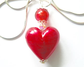 Murano glass pendant with red Murano heart bead and Swarovski crystal with sterling silver.